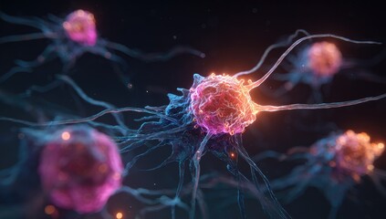 Close-up view of glowing, interconnected cells