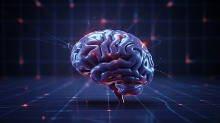 Abstract digital brain with glowing connections and data points on a dark grid background