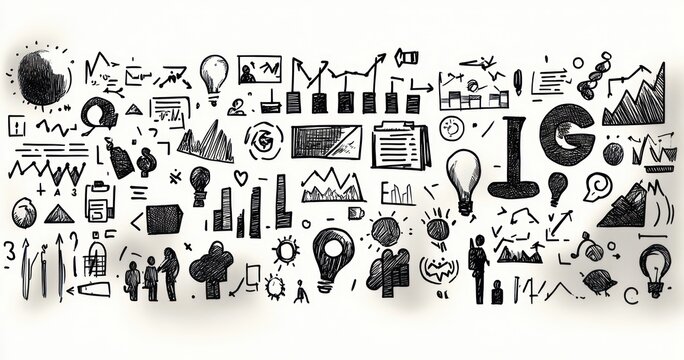 Hand-drawn black sketches of various charts, graphs, light bulbs, arrows, people icons, and symbols representing ideas and business concepts on a white background