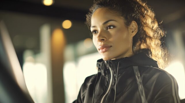 A young, athletic woman with her hair in a bun stands against a wall, bathed in sunlight. The image represents the concepts of health, determination, and inner strength.