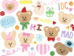 Cute festive illustrations of teddy bear, puppy, bunny, candy cane, snowflake, snowman, gift box, party hat, scarf, pink heart, messages such as HI, HELLO, SAD, MAD, MOOD for animal, winter season