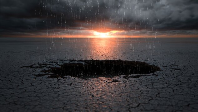 Cracked earth, rain, sunset, hole