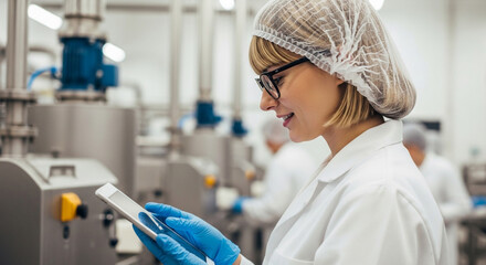 Female factory worker in a lab coat and hair net using a tablet for quality control in a modern production facility