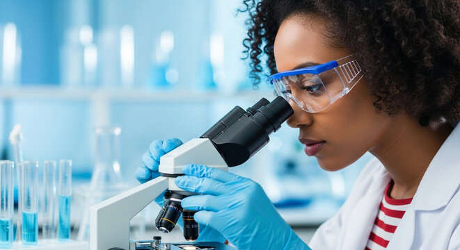 Female scientist focused on research using a microscope in a modern laboratory with scientific equipment and blue liquid