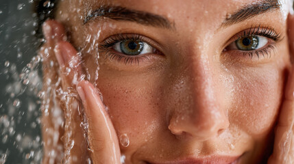 Close up of young woman with clear skin, gently touching her face while water cascades over her. image conveys sense of freshness and skincare routine