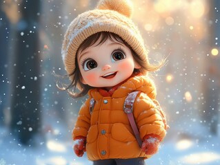 Young child with large eyes happily standing in snowy forest wearing a warm orange jacket, knitted hat with pom-pom, mittens, and backpack during golden hour