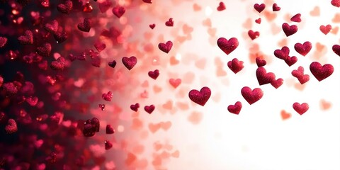 Numerous small sparkling red hearts floating in a gradient background transitioning from dark red to bright white, evoking feelings of love and celebration