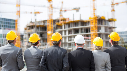 Construction site workers observe building construction, wearing safety helmets. scene conveys teamwork and progress construction industry, highlighting importance of safety and collaboration