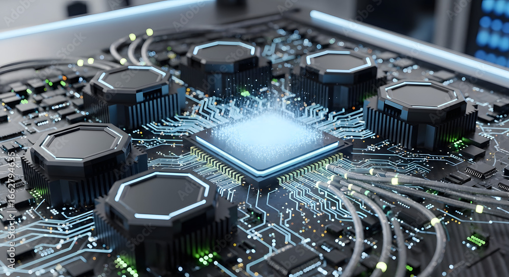 Fototapete sophisticated rendering of a high-tech computer circuit board, showcasing intricate design, advanced