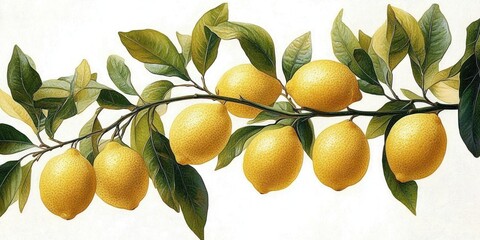 Branch with ripe yellow lemons and green leaves against a light background, evoking freshness and natural growth