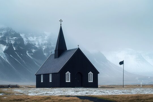 Small black church with pointed steeple and crosses in a cold, snowy landscape with foggy mountains in the background - Powered by Adobe