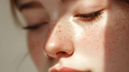 Close up portrait of young person with freckles, showcasing soft skin and closed eyes. play of light and shadow creates serene and intimate atmosphere, highlighting natural beauty