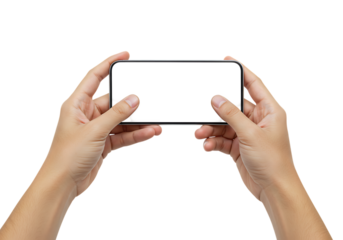 Hands holding smartphone in horizontal mode isolated on transparent background