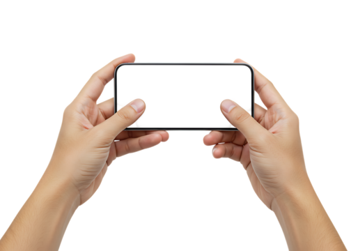 Hands holding smartphone in horizontal mode isolated on transparent background
