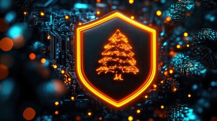 Glowing neon shield with a stylized Christmas tree icon surrounded by dark and blue circuit board elements and orange bokeh light effects in a futuristic digital environment