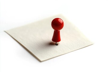 Close-up of a red pushpin stuck into a white square piece of paper on a white surface, highlighting simplicity and focus
