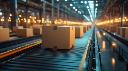 Cardboard boxes moving on conveyor belts inside a large automated warehouse with bright overhead lights creating a focused industrial atmosphere