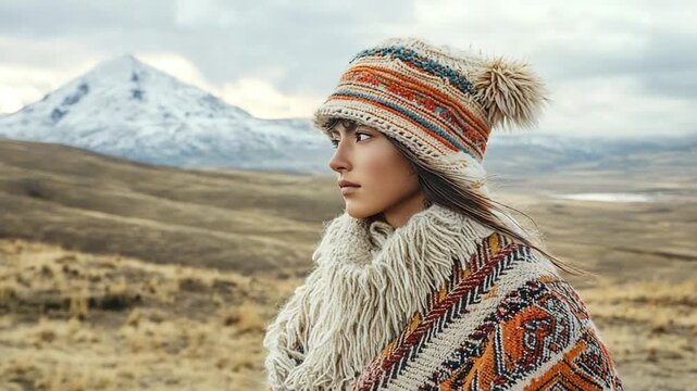 chullo hat with alpaca poncho peruvian attire video zoom in