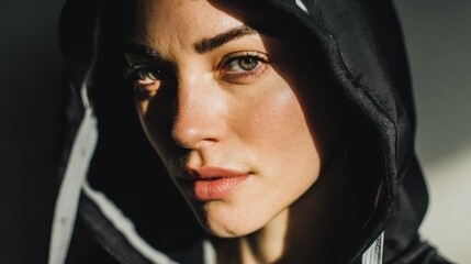 A young woman with a thoughtful expression looks away from the camera. The soft lighting and bokeh create a serene and pensive mood.