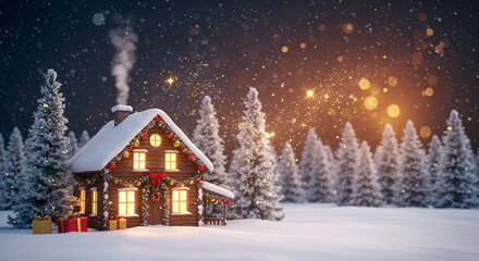 Naklejka premium Enchanting Winter Cabin Scene with Festive Decorations and Snowy Landscape