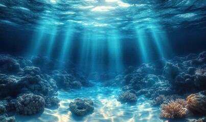 Fototapeta premium Sunlight beams penetrating clear ocean water illuminating coral reef and sandy seabed below creating a serene underwater landscape