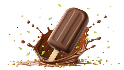 Delicious Chocolate Covered Popsicle with Chocolate Splash and Pistachio Accents a Sweet Treat for Hot Summer Days