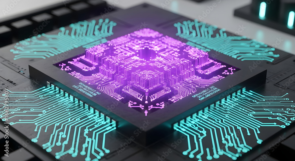 Poster futuristic microchip architecture: a detailed close-up showcases the intricate circuitry and glowing
