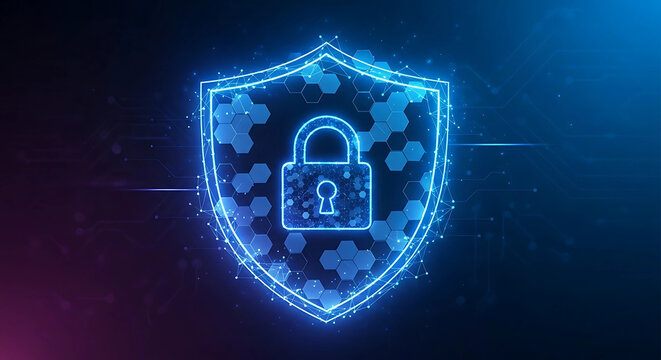 Cybersecurity Shield of Glowing Hexagons with Padlock Icon, Blue Neon on Dark Background, High Detail