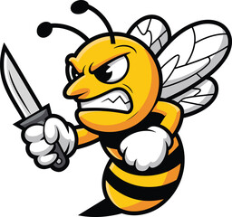 Cartoon Angry Bee Character Holding a Knife with White Background insect