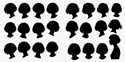 A collection of black silhouettes showcasing various short women's hairstyles and head profiles on a transparent background.