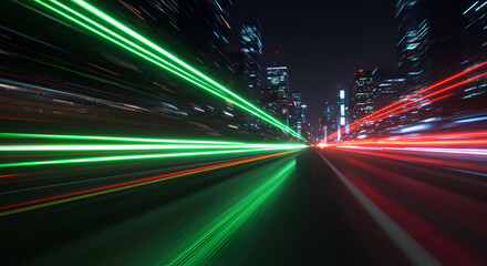 Obraz premium Futuristic cityscape with vibrant light streaks conveying high speed travel