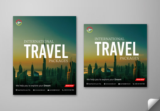International Travel Packages Social Media Post Set with Modern City Skyline at Sunset, Editable Design.