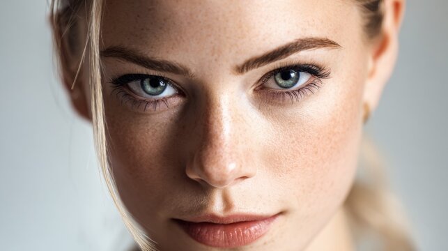 Close-up beauty portrait of a young woman with intense blue eyes. Highlights pure skin and natural beauty.