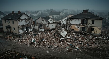 Devastated residential area after disaster with damaged homes and rubble, conveying destruction, loss, and resilience in a somber scene