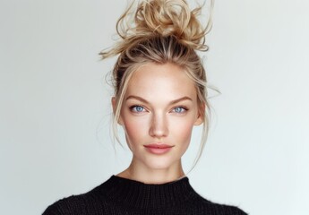 Naklejka premium Studio portrait of a smiling young blonde woman with a messy top knot bun. Represents natural beauty and simplicity.