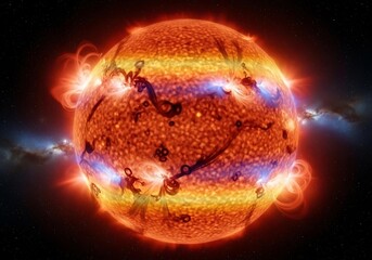 A fiery sun with prominences and magnetic field lines