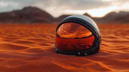 astronaut helmet lying on orange sand with mountain landscape reflecting in the visor under dramatic cloudy sky