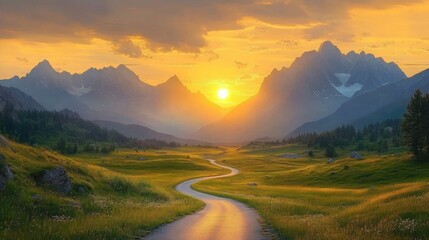 Winding road through a green valley with rocky mountains under a golden sunset sky