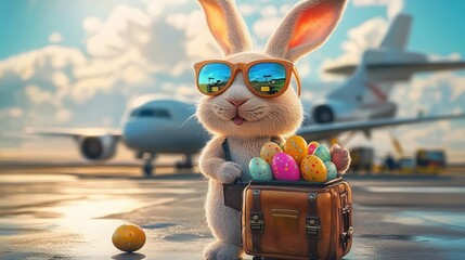 cute rabbit wearing sunglasses standing on airport tarmac with suitcase full of colorful speckled eggs and an airplane in the background under a bright sky