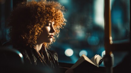 A young woman reading a book on a bus. This image is ideal for promoting reading, education, or modern urban living.