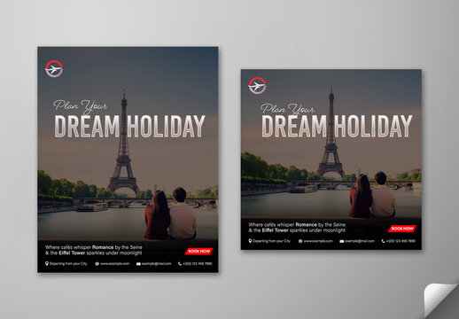 Dream Holiday Social Media Post Set with Eiffel Tower and Romantic Couple at Paris Scene, Editable Design.