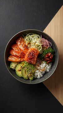 Artistic Top-Down Salmon Poke Bowl with Modern Minimalist Styling.