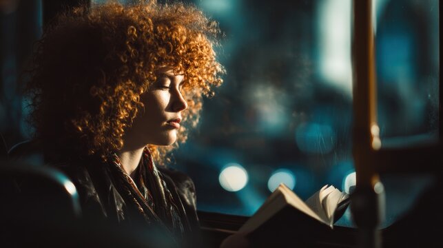 A young woman reading a book on a bus. This image is ideal for promoting reading, education, or modern urban living.