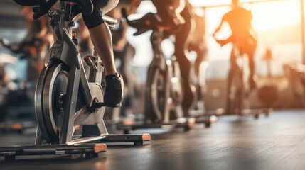 Spinning class participants engaged in intense workout session, showcasing determination and energy in modern gym environment. warm sunlight enhances atmosphere, creating motivating ambiance