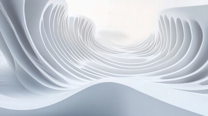 Abstract smooth white curved architectural structure with flowing wave-like repetitive shapes creating a futuristic and serene environment
