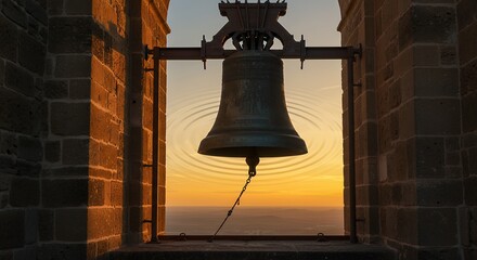 Obraz premium Large Bronze Bell Swinging in Stone Tower at Sunset with Vibrant Sky