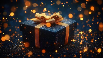 glittering black gift box wrapped with a shiny golden ribbon and bow surrounded by warm glowing bokeh lights creating a festive magical atmosphere