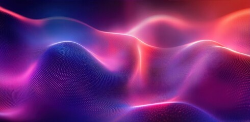Naklejka premium Abstract glowing digital waves with flowing dots and vibrant neon purple, pink, and blue colors creating a futuristic and dynamic atmosphere