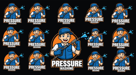 Obraz premium Cartoon Man Pressure Washing Service Logo and Mascot Collection cleaning worker