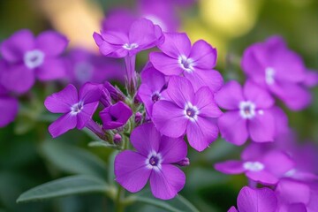 Obraz premium Close-up of vibrant purple flowers with green leaves in soft natural light, evoking a fresh and serene atmosphere in a garden setting